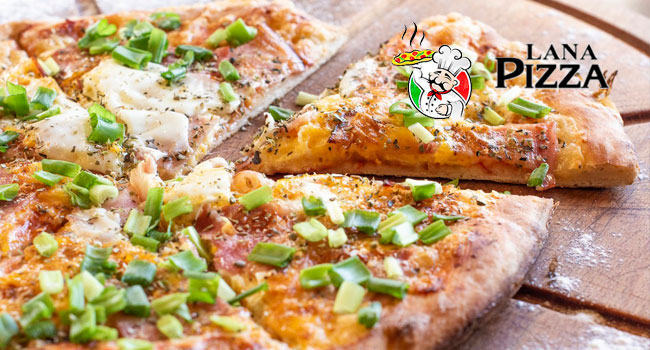 Горячая пицца и пироги с бесплатной доставкой от компании Lana Pizza! Скидка 50%