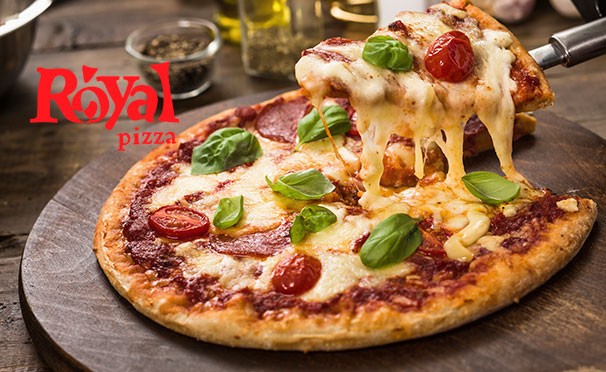 Пицца на выбор от службы доставки Royal Pizza: с мясом, грибами, морепродуктами и другими начинками. Скидка 50%
